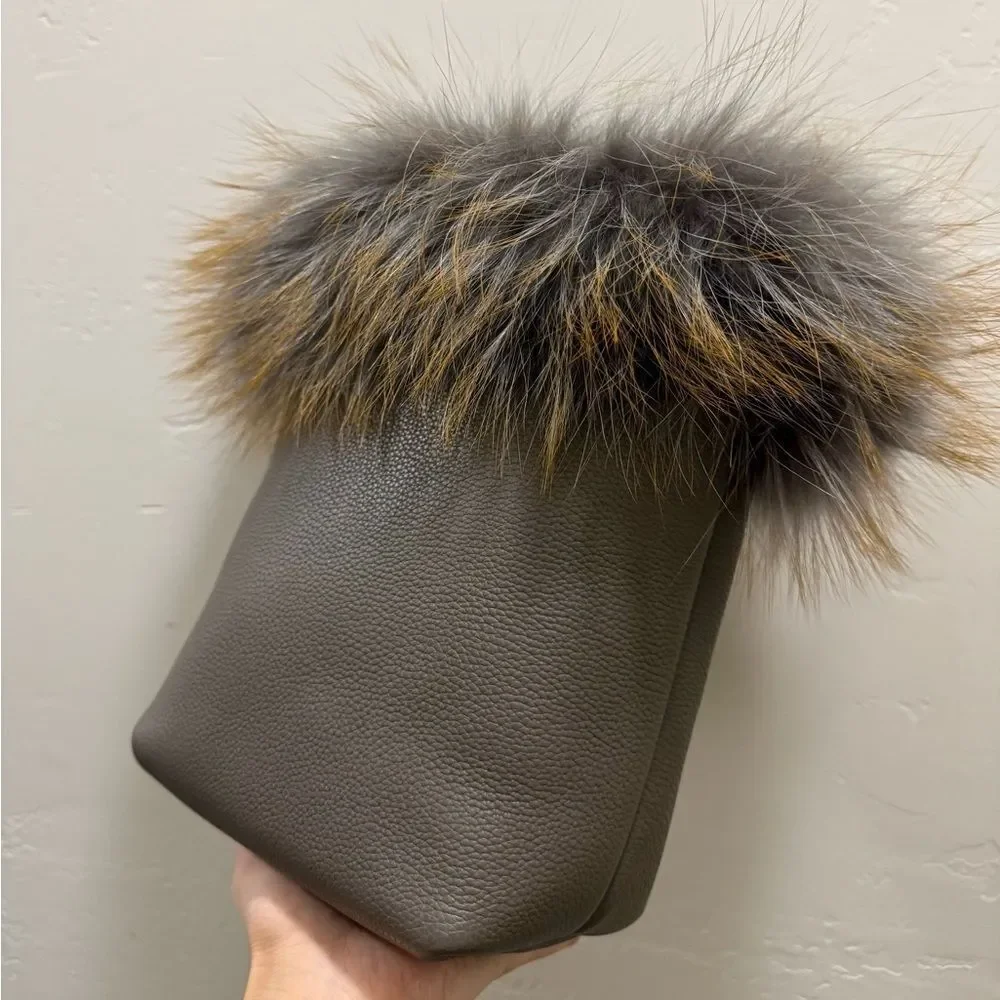 Premium Togo Cowhide with Real Fox Fur Trimmed Handmade Tote Bag/Crossbody